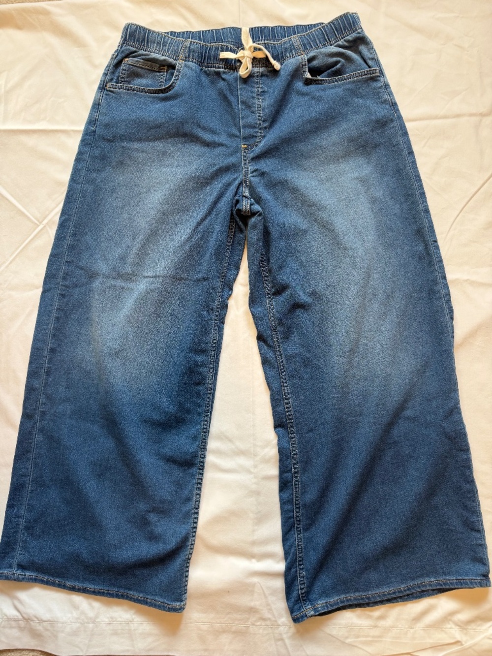 Gap Wide Leg Pull On Denim Pants Drawstring Elastic Waist Blue Size Large